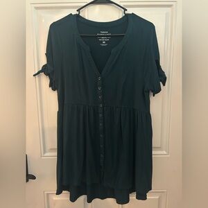 Torrid Super Soft Dark Green Teal Button-Up Tie Sleeves Tunic Top